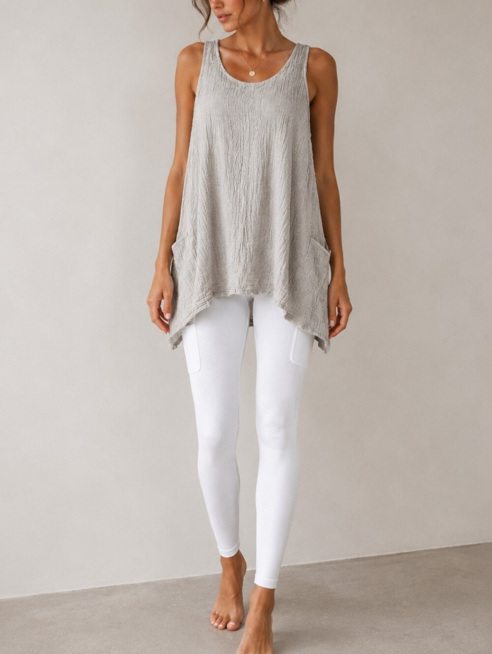 LUUKAA  Linen Sleeveless Tunic Top With Pockets Lagenlook Neutral Grey Minimalis